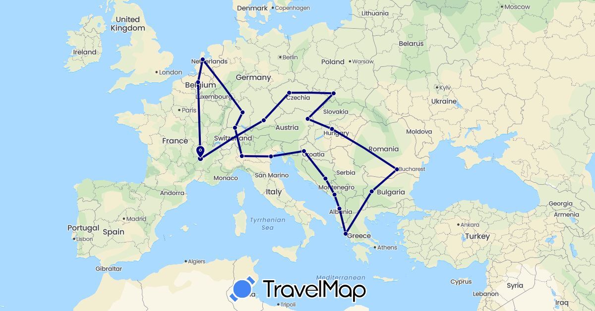 TravelMap itinerary: driving in Albania, Austria, Bosnia and Herzegovina, Belgium, Bulgaria, Switzerland, Czech Republic, Germany, France, Greece, Croatia, Hungary, Italy, Montenegro, Netherlands, Poland, Romania (Europe)
